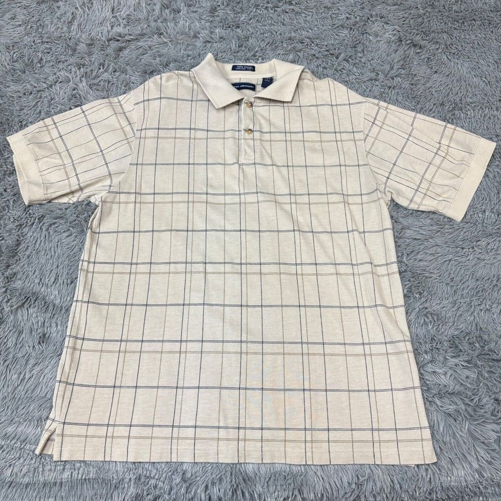 John Ashford Shirt Mens Large Beige‎ Plaid Polo Short Sleeve Collared Casual
